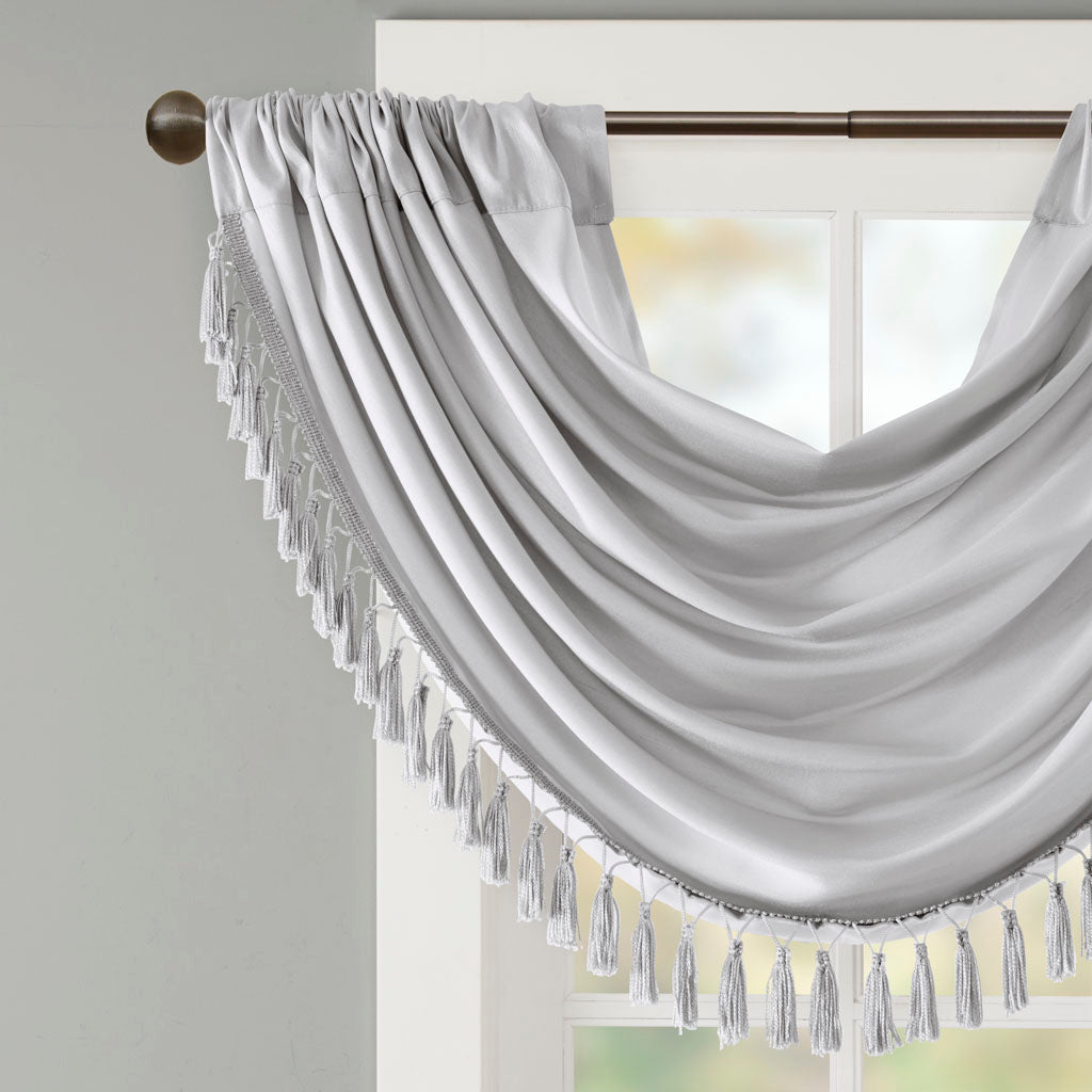 Elena Faux Silk Waterfall Embellished Valance - Silver