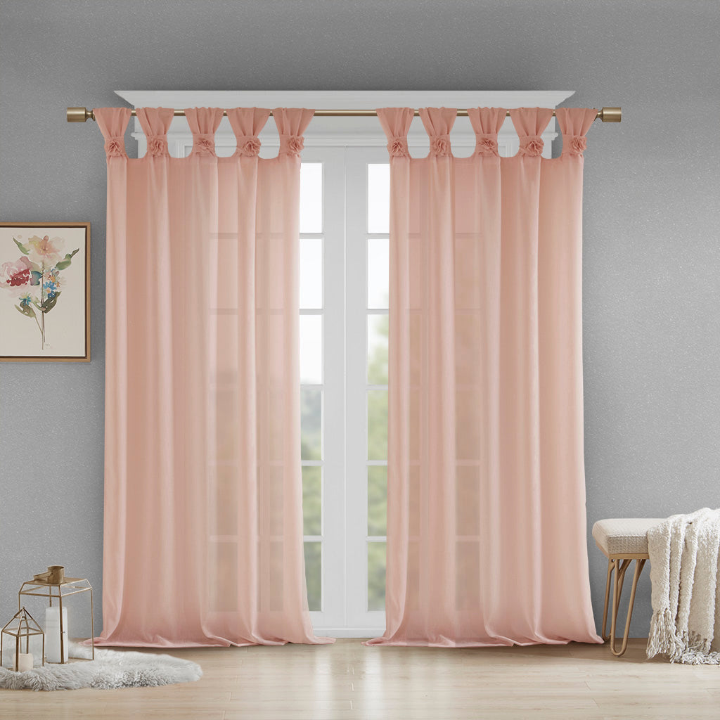Rosette Floral Embellished Cuff Tab Top Solid Curtain Panel - Blush