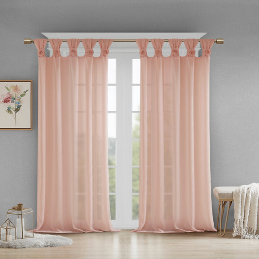 Rosette Floral Embellished Cuff Tab Top Solid Curtain Panel - Blush