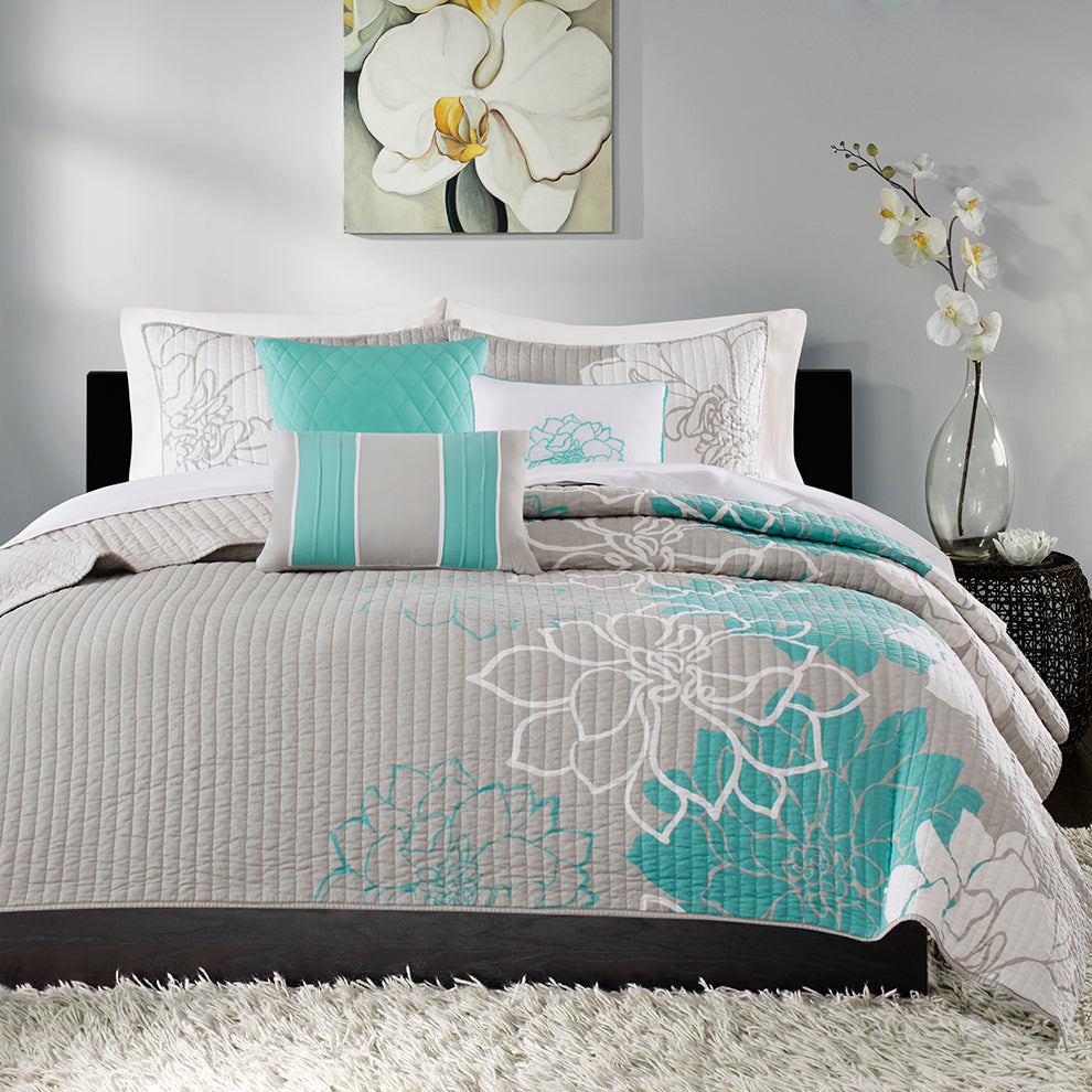 Lola 6 Piece Printed Cotton Quilt Set with Throw Pillows - Aqua
