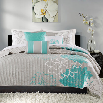 Lola 6 Piece Printed Cotton Quilt Set with Throw Pillows - Aqua
