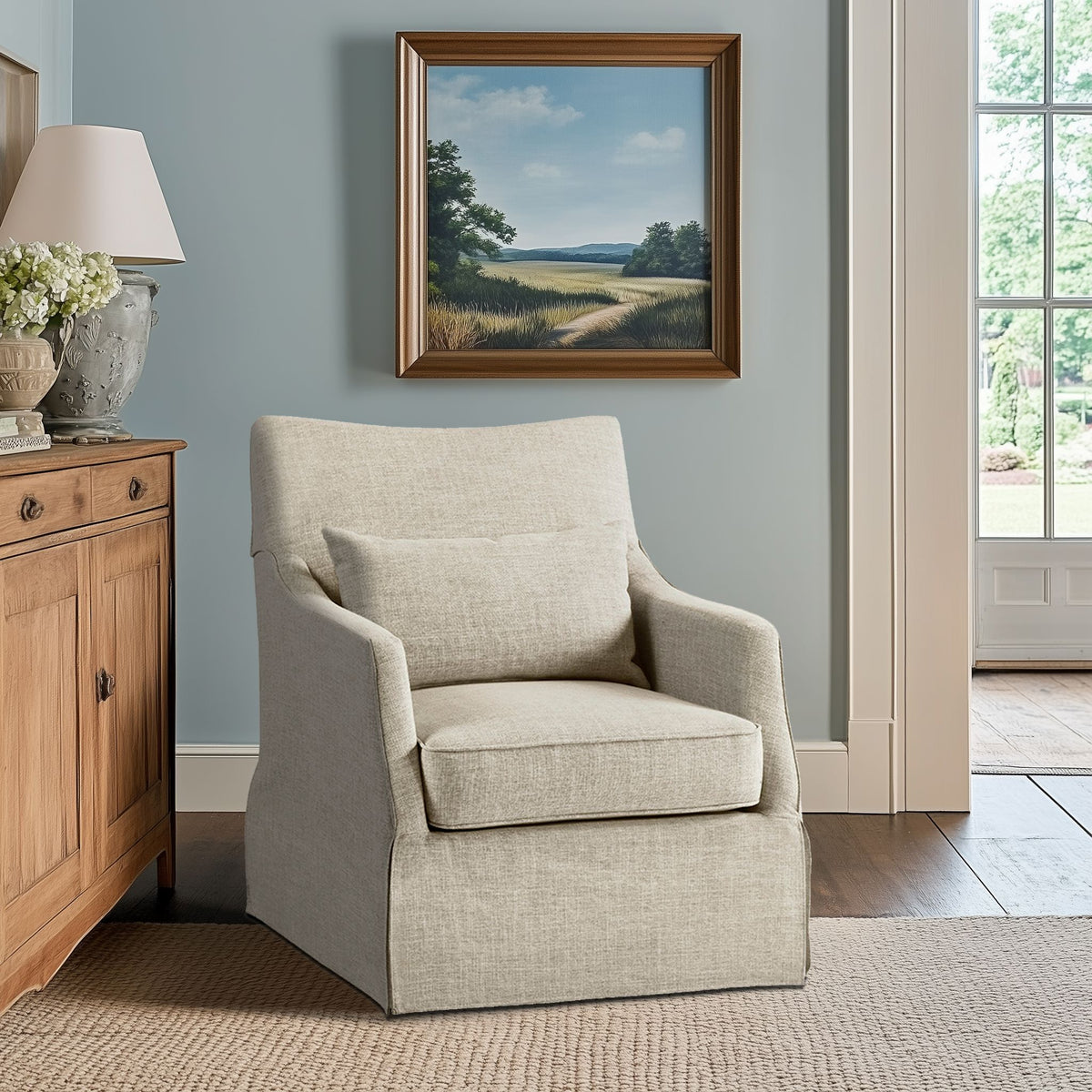 London Upholstered Skirted Swivel Armchair with Lumbar Pillow - Beige Multi