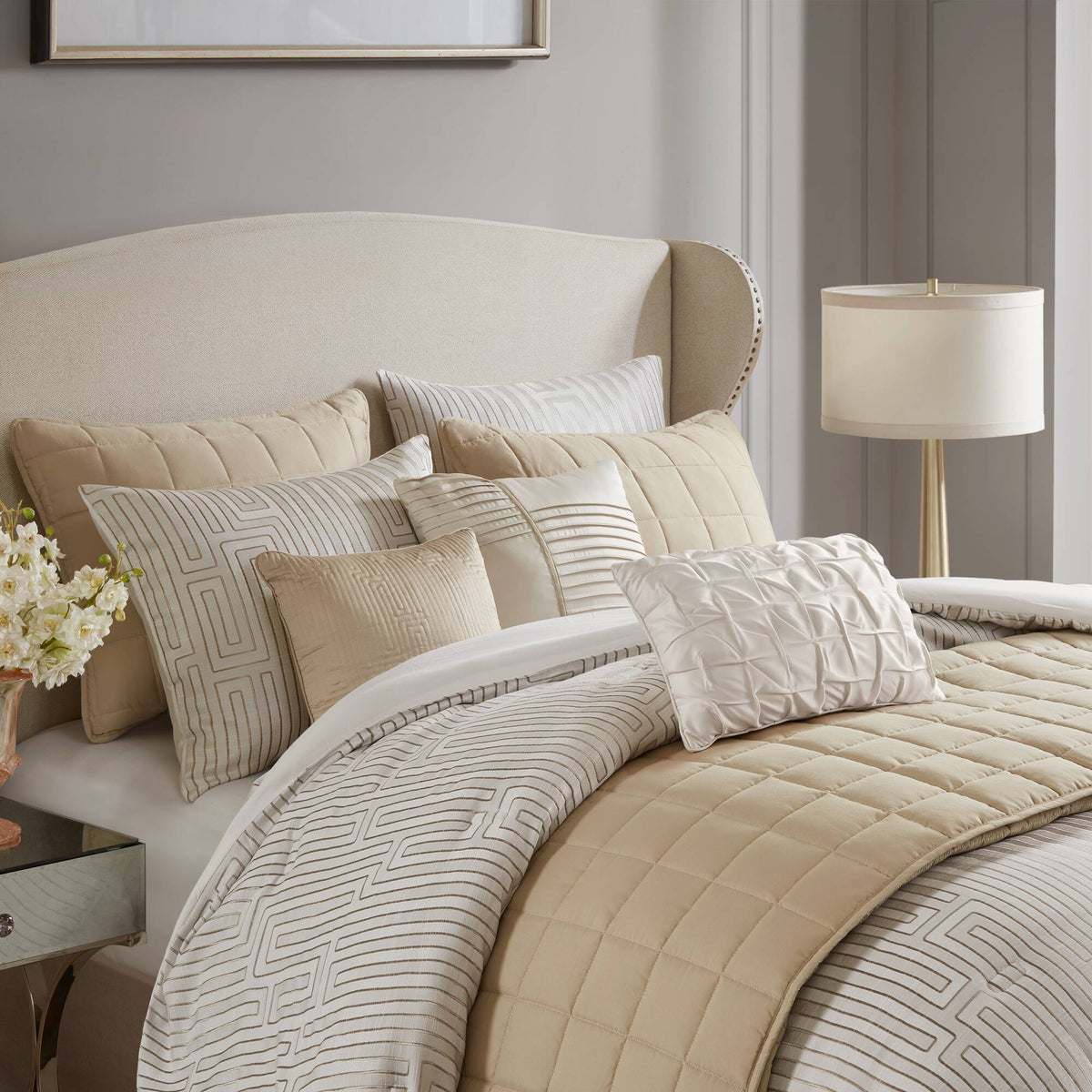 Royce 10 Piece Luxury Jacquard Comforter Set - Ivory