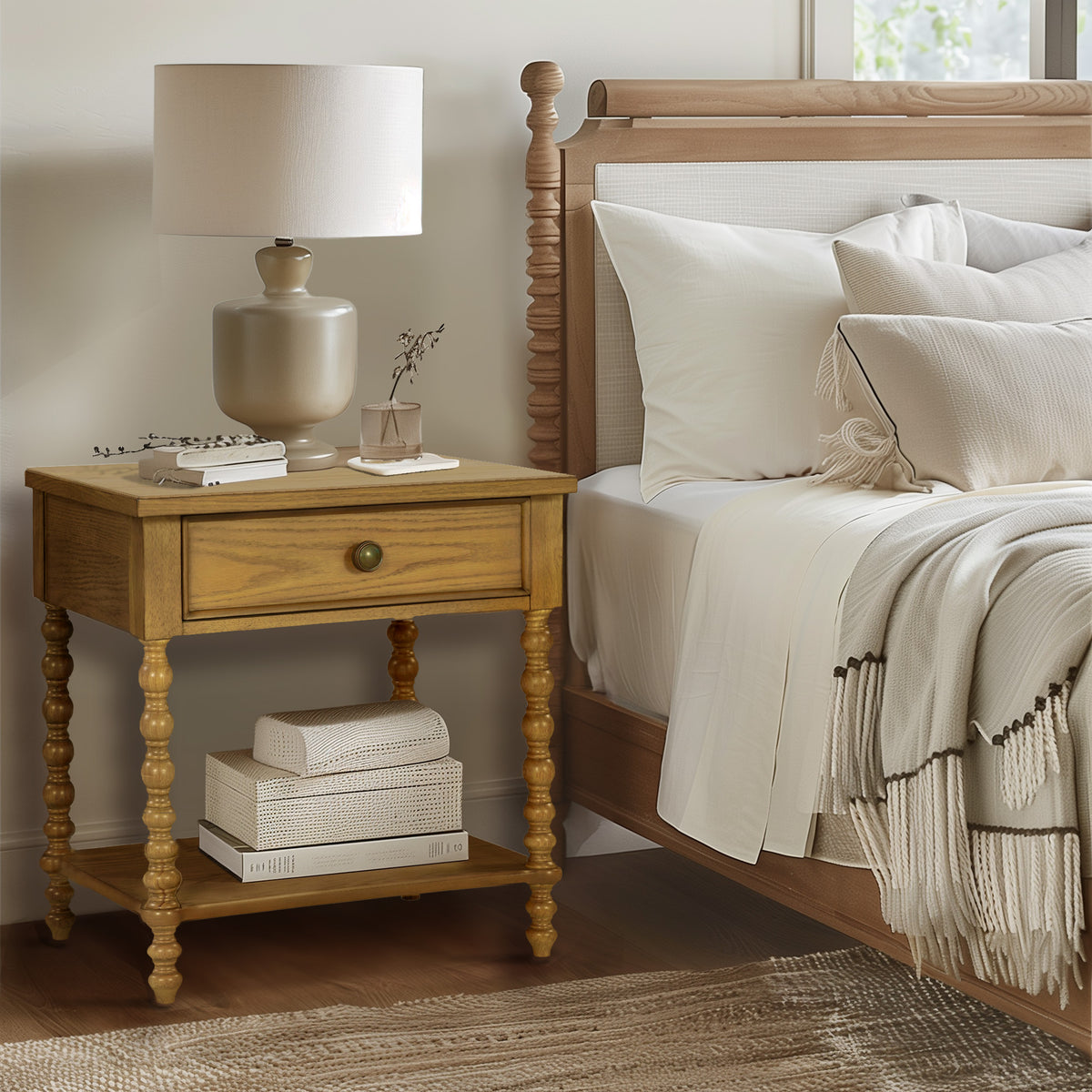 Beckett Turned Wood Spindle Nightstand with Drawer & Shelf - Natural
