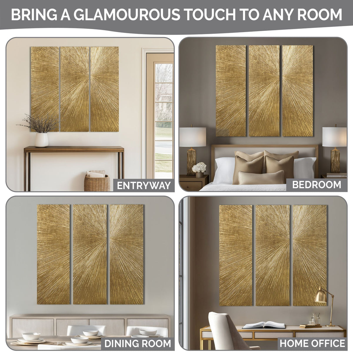 Sunburst Hand Painted Triptych 3-piece Dimensional Resin Wall Art Set - Gold