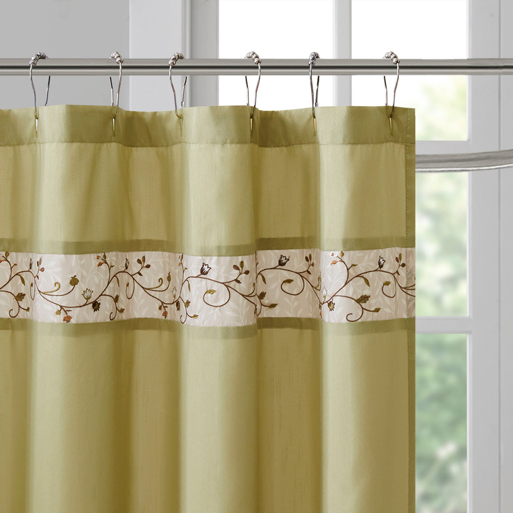 Serene Faux Silk Embroidered Floral Shower Curtain - Green