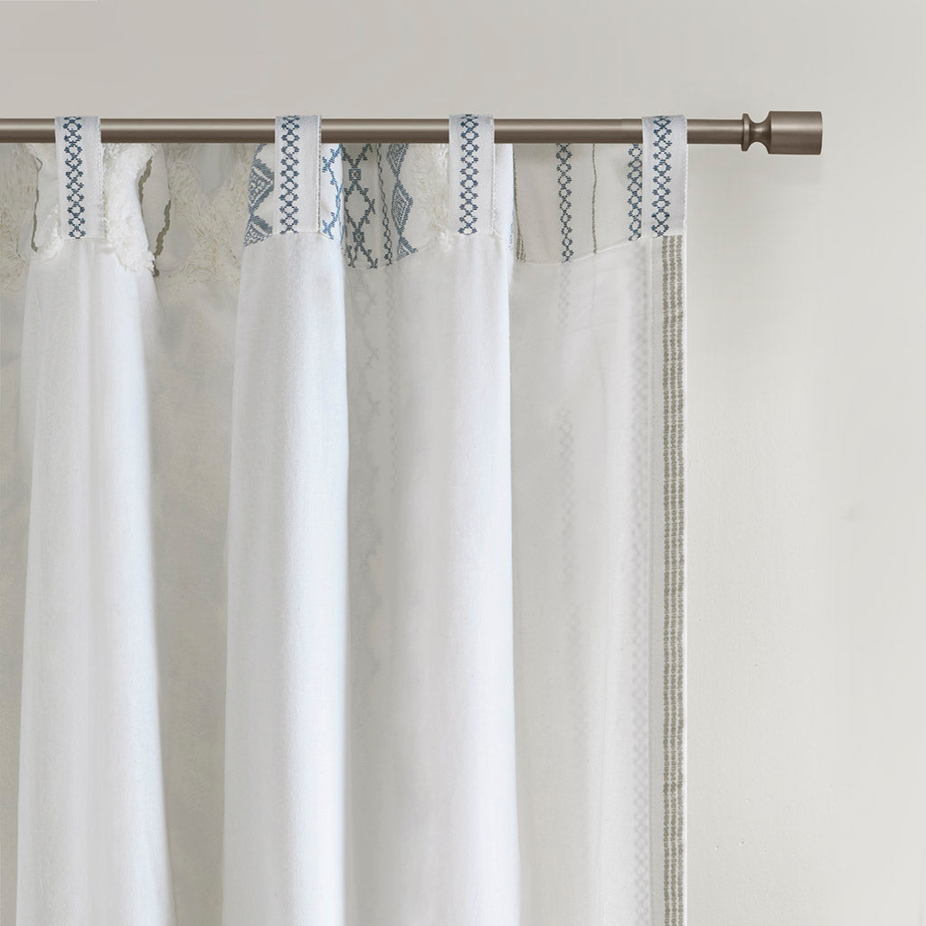 Imani Cotton Printed Curtain Panel with Chenille Stripe and Lining - White/Navy