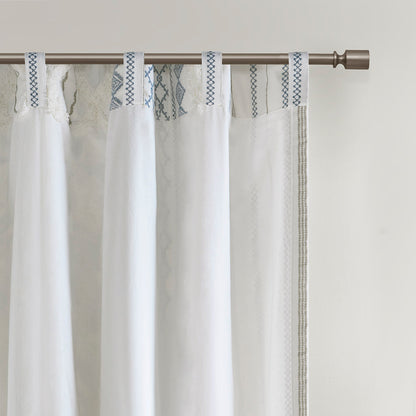 Imani Cotton Printed Curtain Panel with Chenille Stripe and Lining - White/Navy