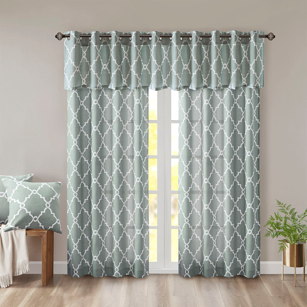 Saratoga Fretwork Print Grommet Top Window Valance - Seafoam/White