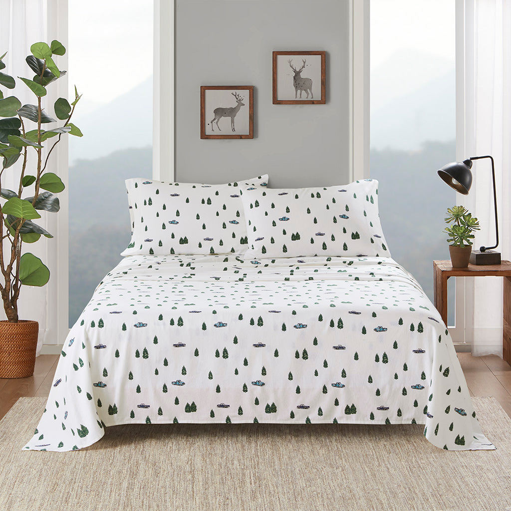 Cotton Flannel Sheet Set - Green Trees & Trucks
