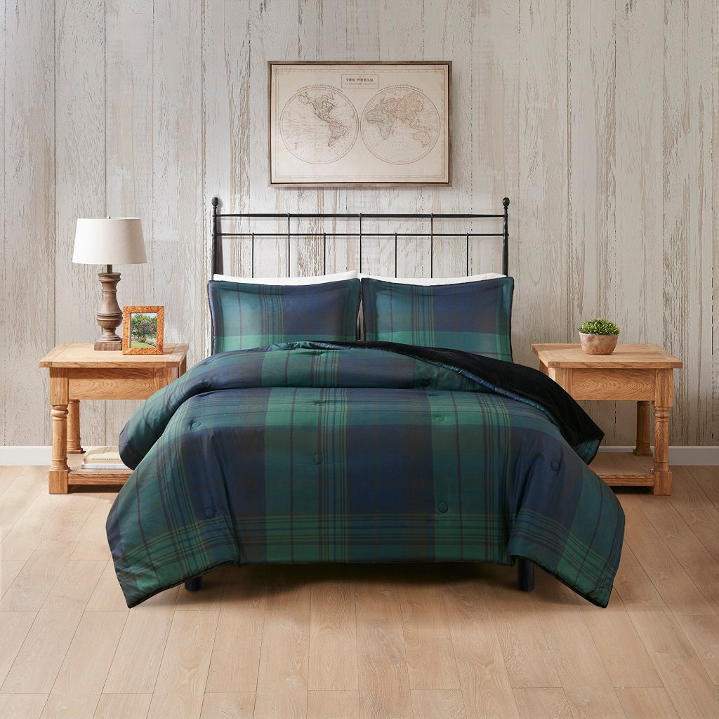 Bernston Faux Wool to Faux Fur Down Alternative Comforter Set - Green Plaid
