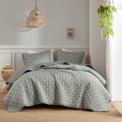 Linwood Ruffle Printed Quilt Set - Sage Green