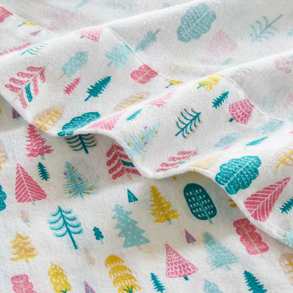 Cozy Soft Cotton Flannel Printed Sheet Set - White Holiday Trees