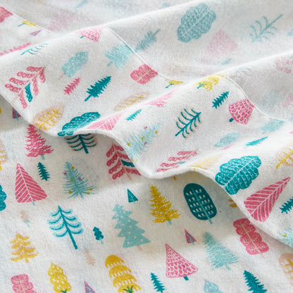 Cozy Soft Cotton Flannel Printed Sheet Set - White Holiday Trees