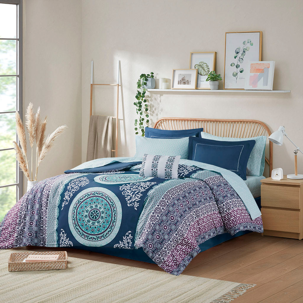 Loretta Boho Comforter Set with Bed Sheets - Navy