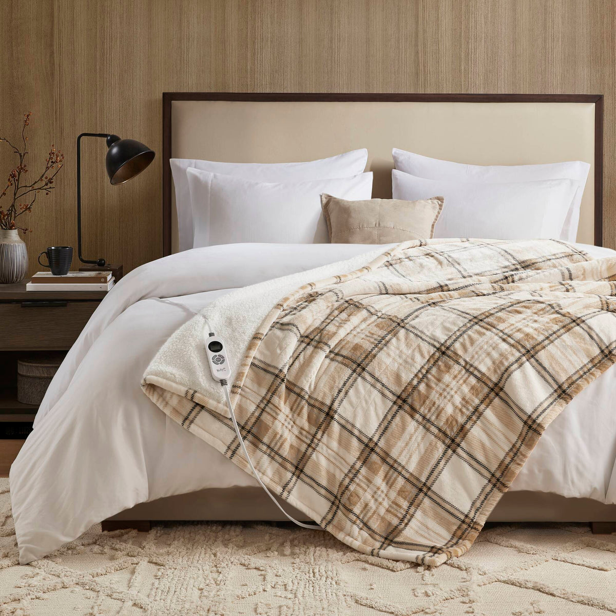 Print Plush to Sherpa Heated Throw - Tan Plaid