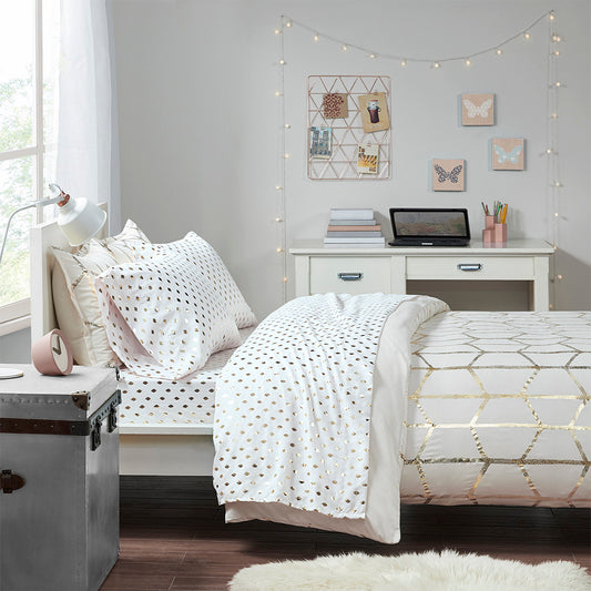 Metallic Dot Printed Sheet Set - White/Gold