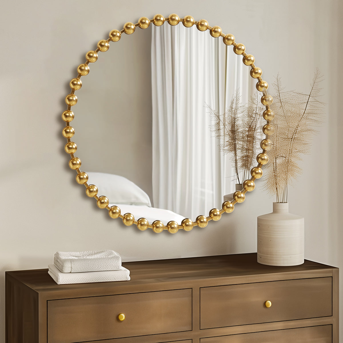 Marlowe Beaded Round Wall Mirror - Gold