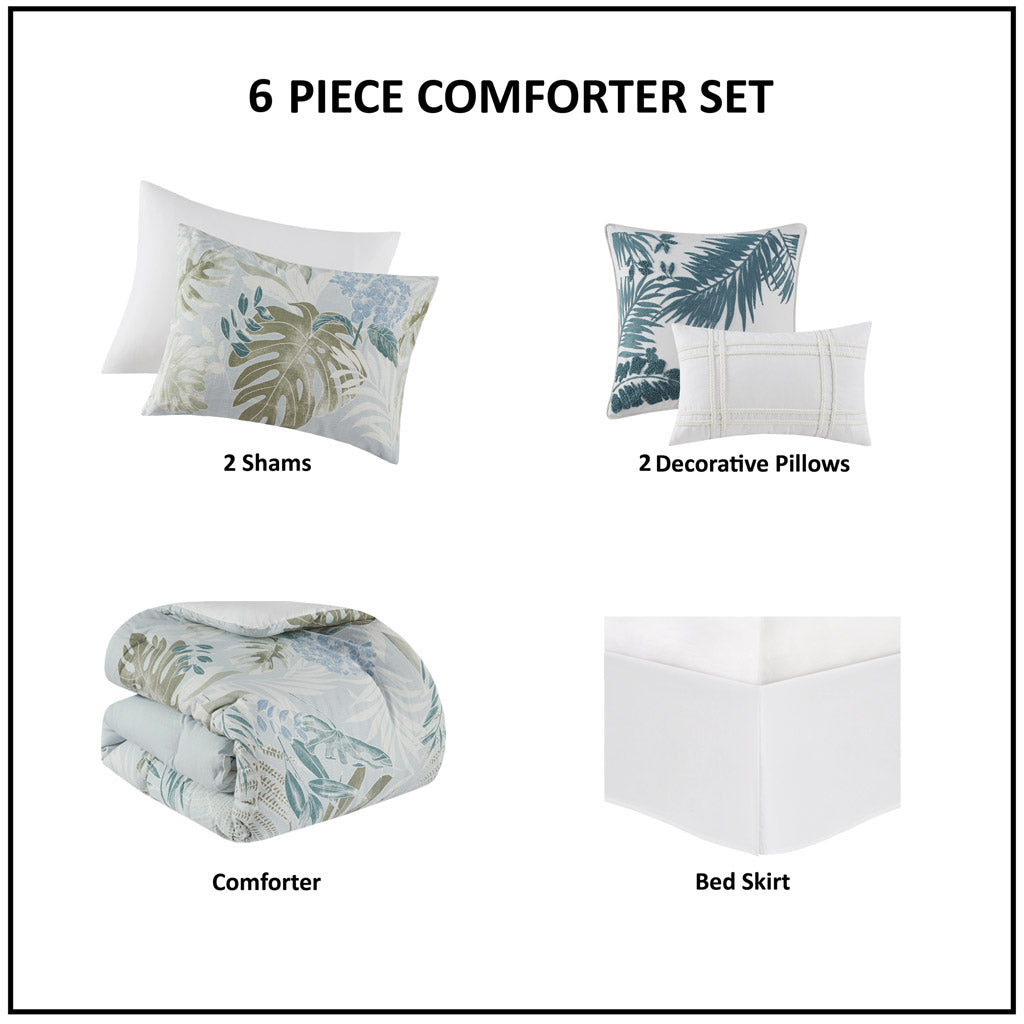 Kiawah Island 6 Piece Oversized Cotton Comforter Set with Throw Pillow - Blue