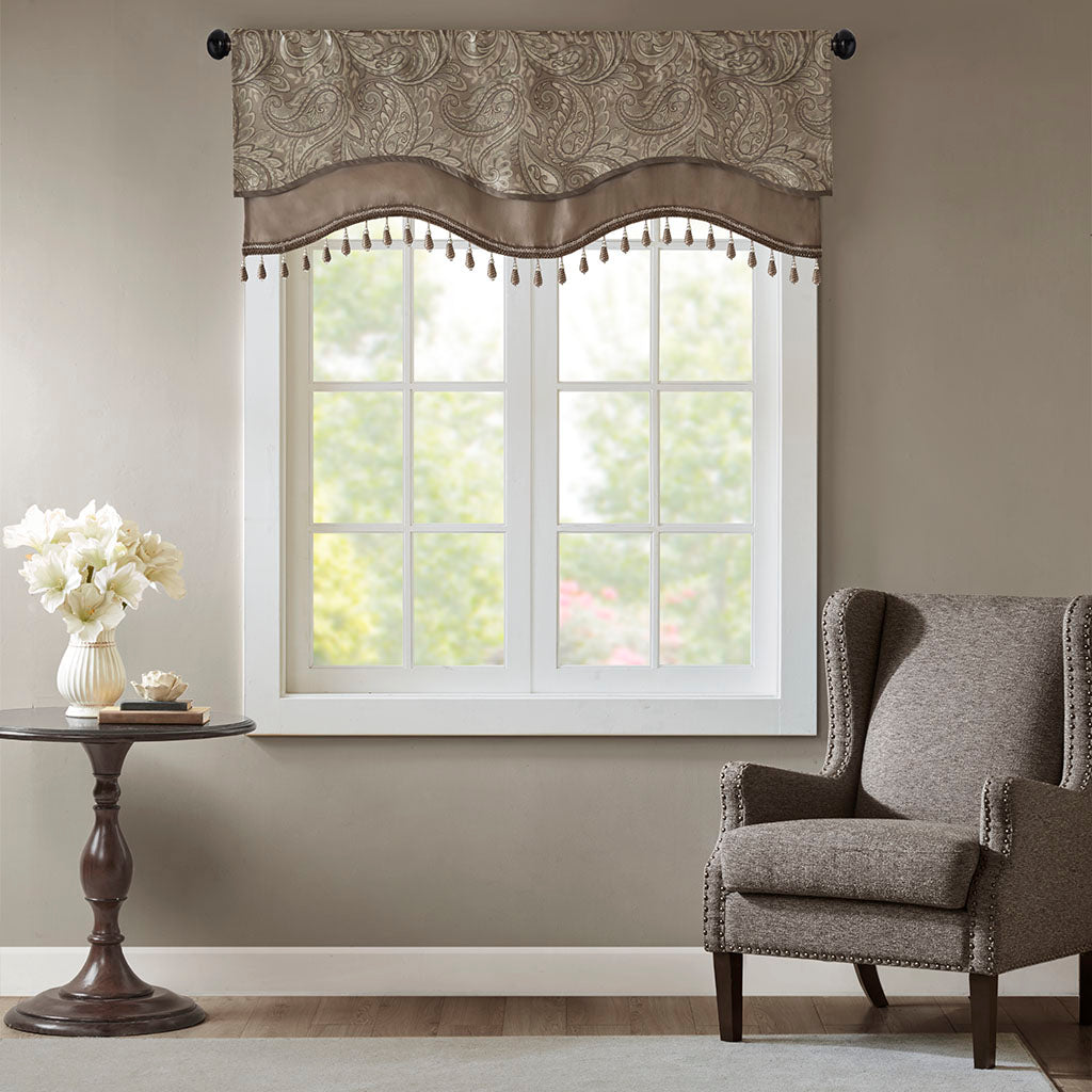 Aubrey Jacquard Window Rod Pocket Valance With Beads - Blue/Brown