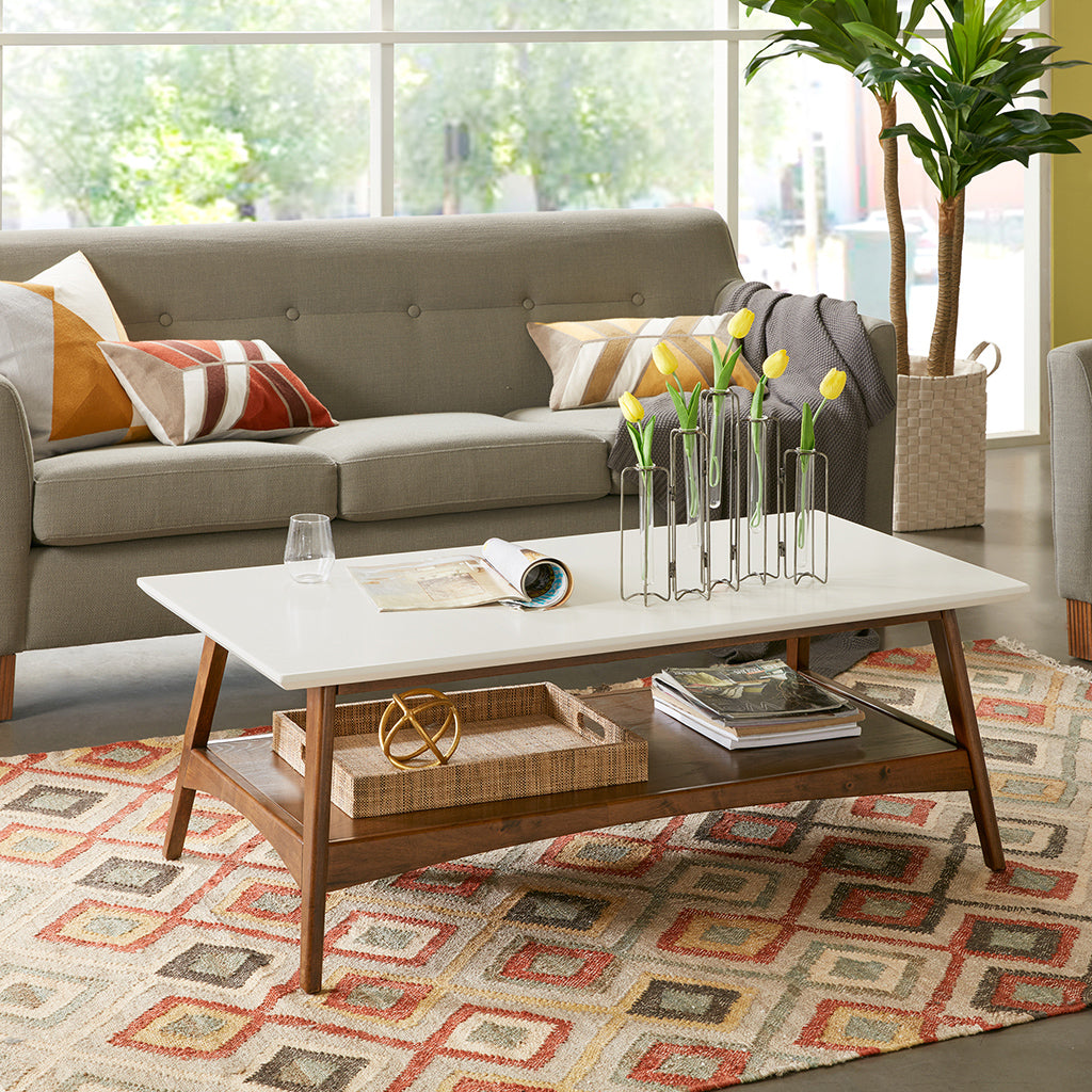 Parker Mid-century Coffee Table with Storage Shelf - Off-White/Pecan