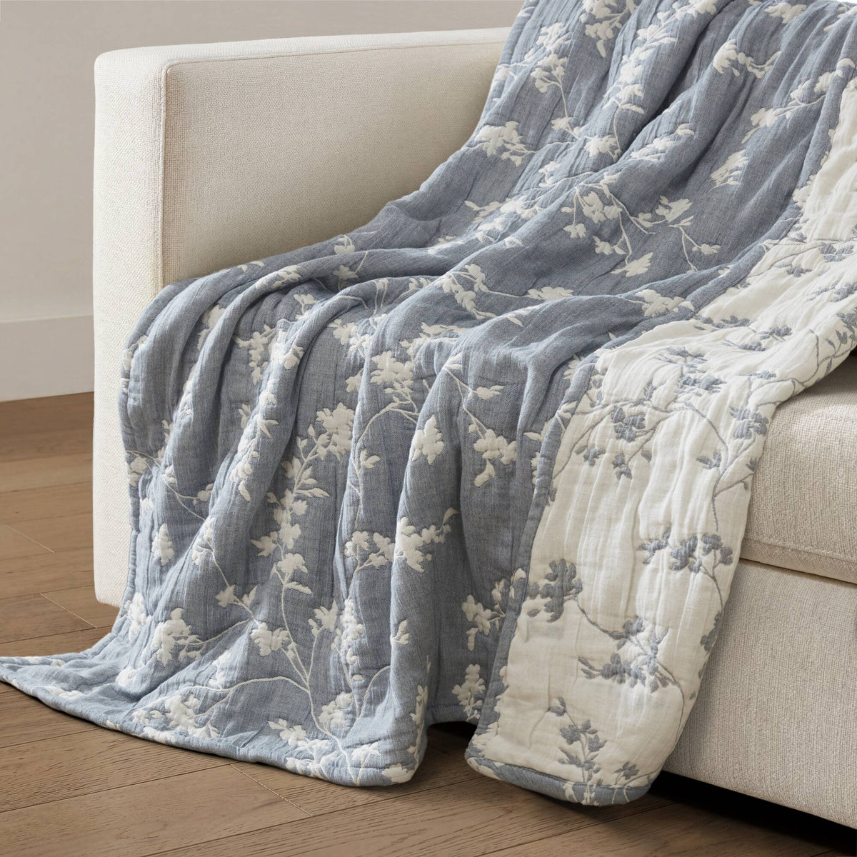 Catalina Botanical Cotton Jacquard Throw - Navy