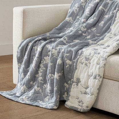 Catalina Botanical Cotton Jacquard Throw - Navy