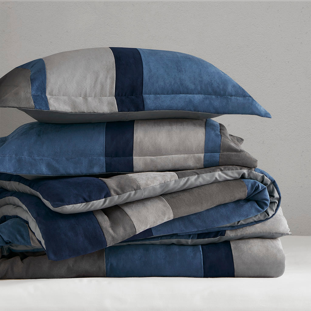 Highland Stripe Pieced Faux Suede Comforter Set - Blue