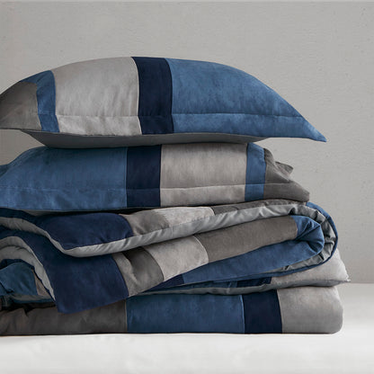 Highland Stripe Pieced Faux Suede Comforter Set - Blue