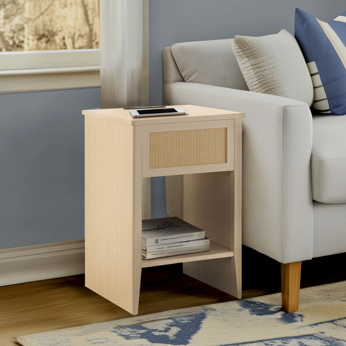 Lennox Rattan Accent Table with Built-in Charging Station & LED Light - Natural