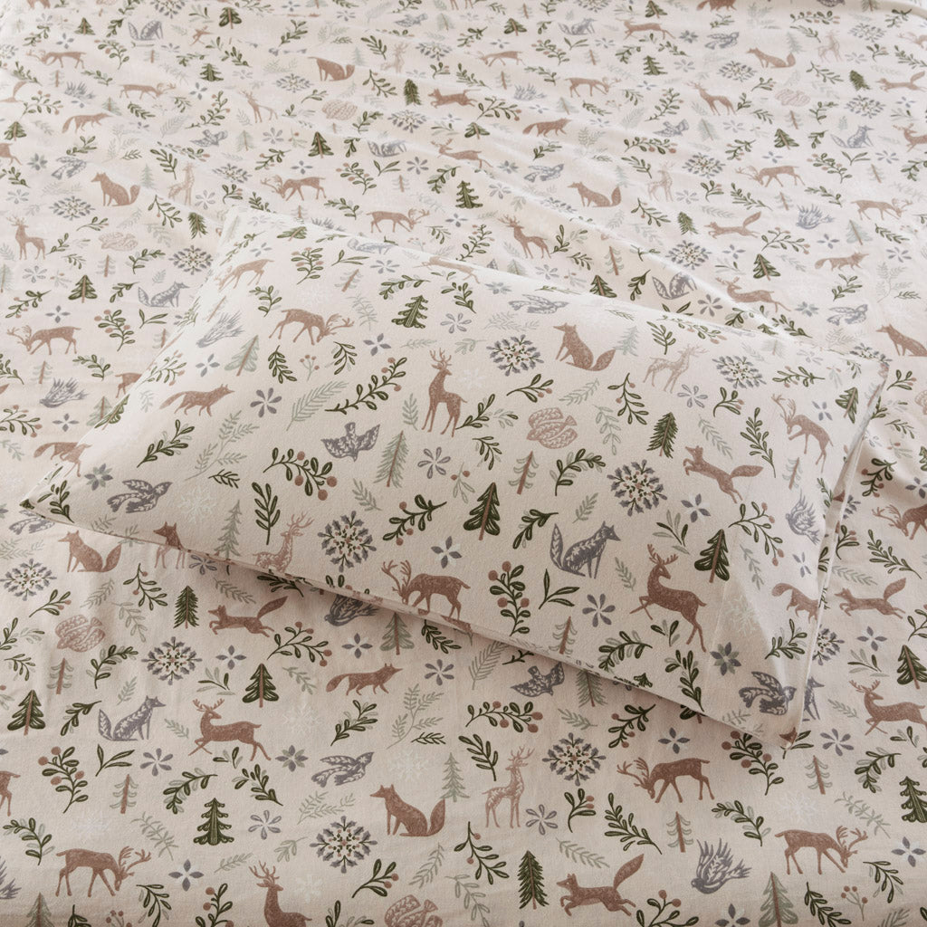Cozy Cotton Flannel Printed Sheet Set - Tan Woodland Winter