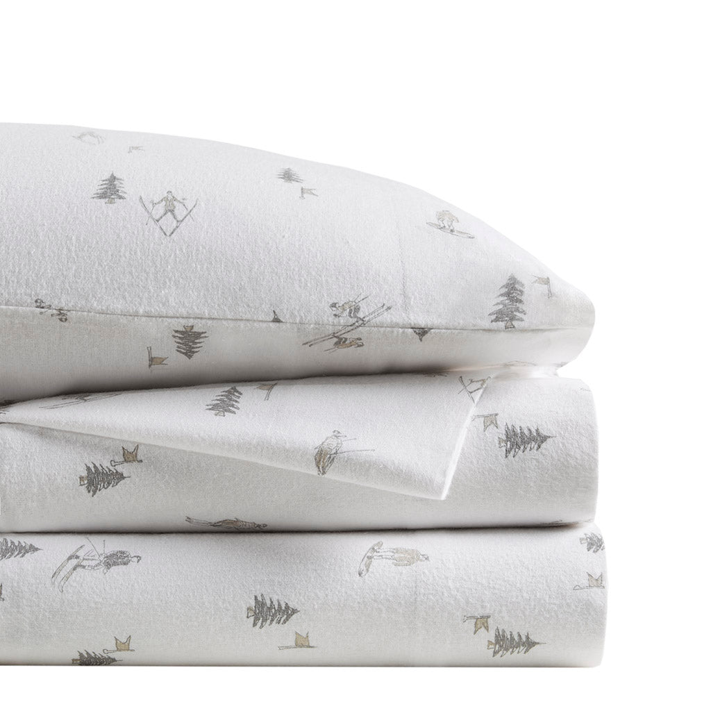 Cozy Cotton Flannel Printed Sheet Set - Gray Skiers