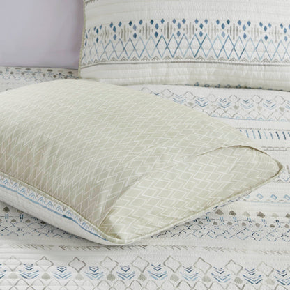 Fraser 3 Piece Printed Microfiber Seersucker Quilt Set - Taupe/Blue