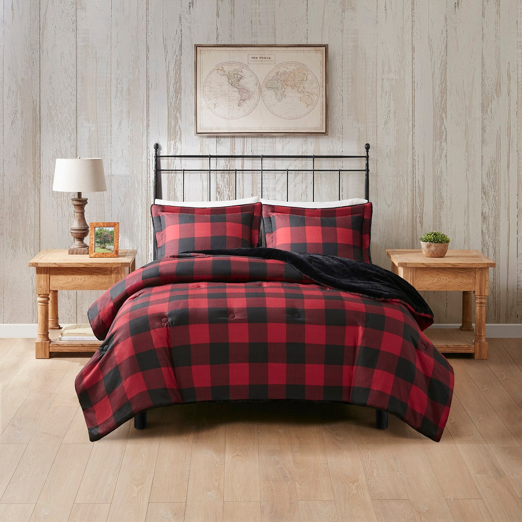 Bernston Faux Wool to Faux Fur Down Alternative Comforter Set - Red Buffalo Check