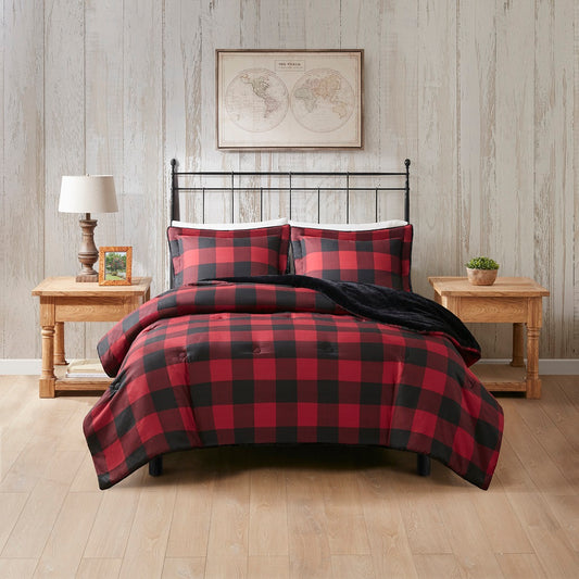Bernston Faux Wool to Faux Fur Down Alternative Comforter Set - Red Buffalo Check