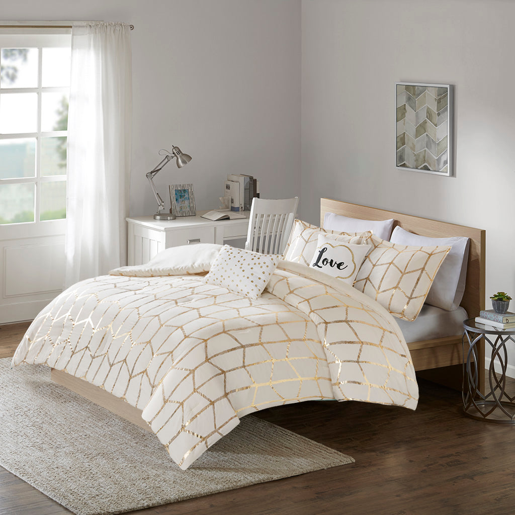 Raina Metallic Printed Comforter Set - Ivory/Gold