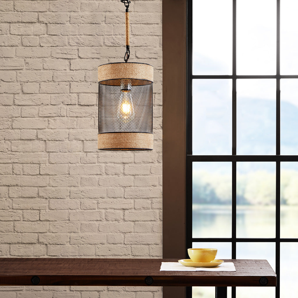 Orion Natural Rope and Metal Mesh Cylinder Pendant - Natural/Black