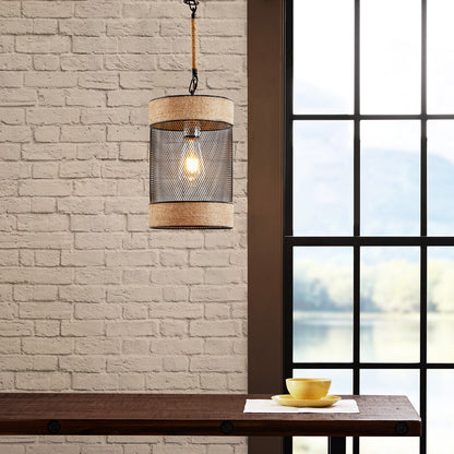 Orion Natural Rope and Metal Mesh Cylinder Pendant - Natural/Black