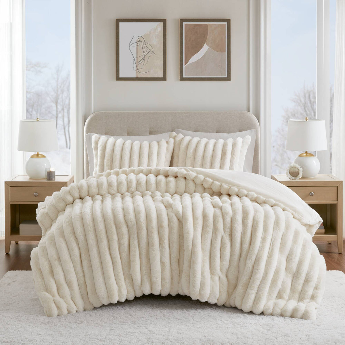 Jasmine 3 Piece Faux Fur Comforter Set - Ivory