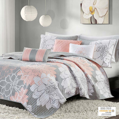 Lola 6 Piece Printed Cotton Quilt Set with Throw Pillows - Grey/Peach