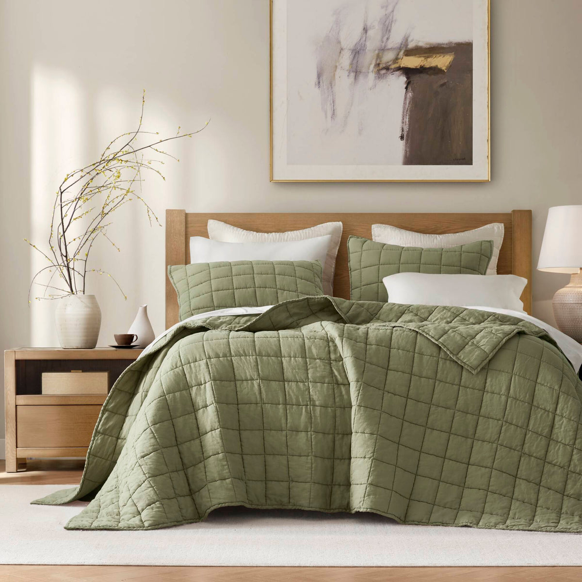 French Flax Linen Garment Washed Quilt Set - Olive Green