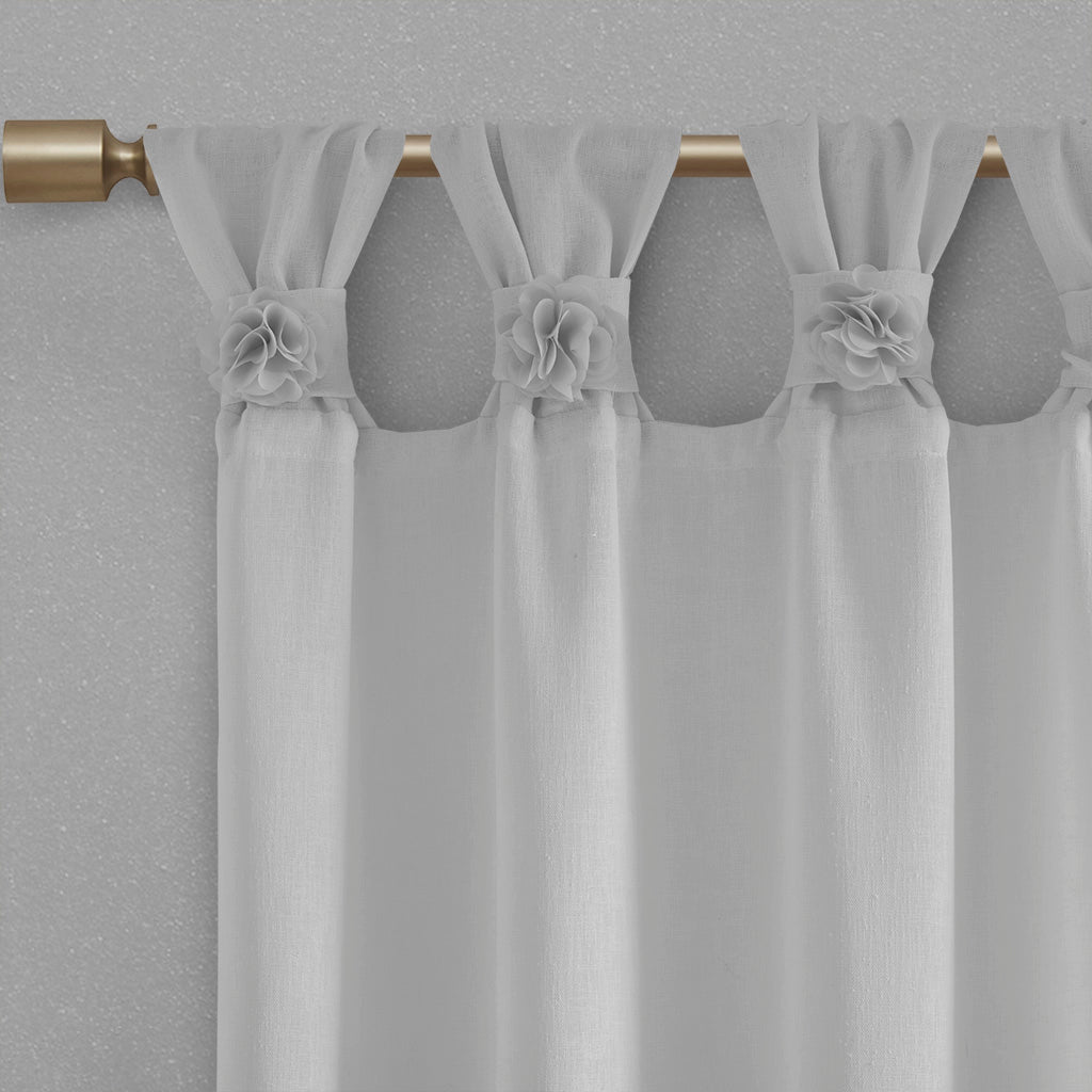 Rosette Floral Embellished Cuff Tab Top Solid Curtain Panel - Grey