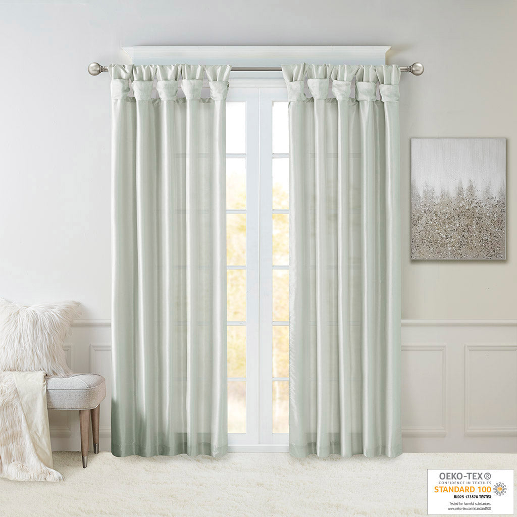 Emilia 100% Polyester Solid Faux Silk Lined Twist Tab Window Curtain - Dusty Aqua