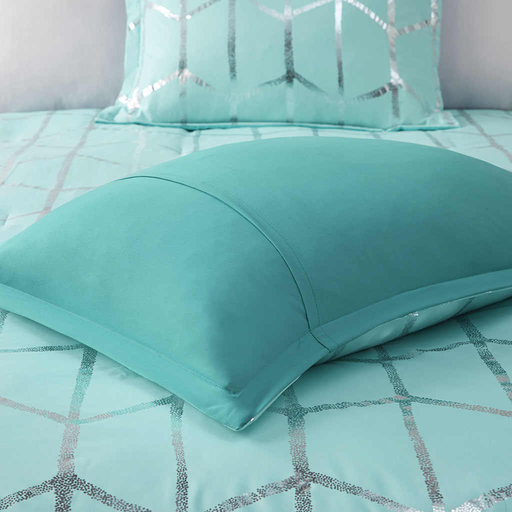 Raina Metallic Printed Comforter Set - Aqua/Silver