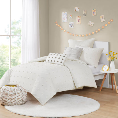 Brooklyn Cotton Jacquard Comforter Set with Euro Shams and Throw Pillows - Ivory