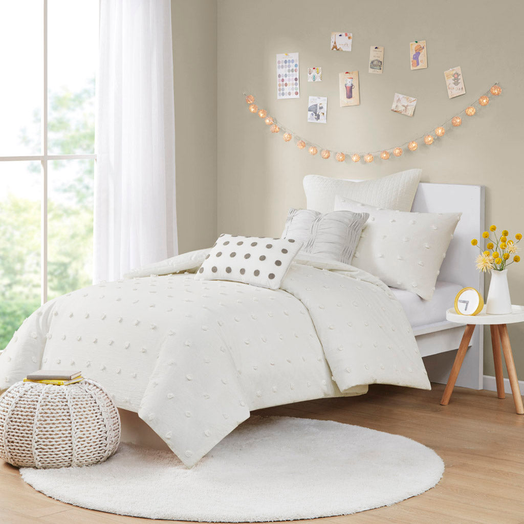 Brooklyn Cotton Jacquard Duvet Cover Set with Euro Shams and Throw Pillows - Ivory