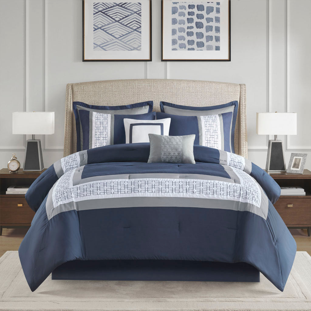 Powell 8 Piece Embroidered Comforter Set - Navy