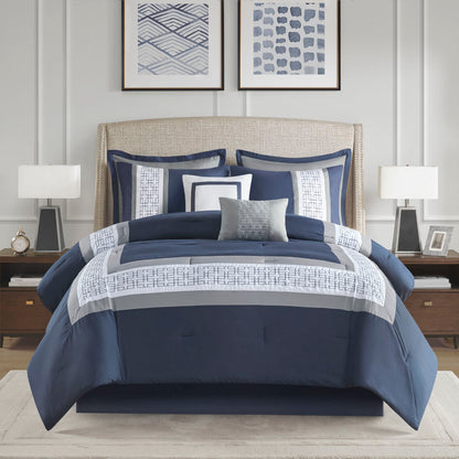 Powell 8 Piece Embroidered Comforter Set - Navy