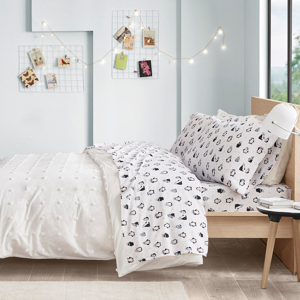 Cozy Soft Cotton Flannel Printed Sheet Set - Blue Penguins