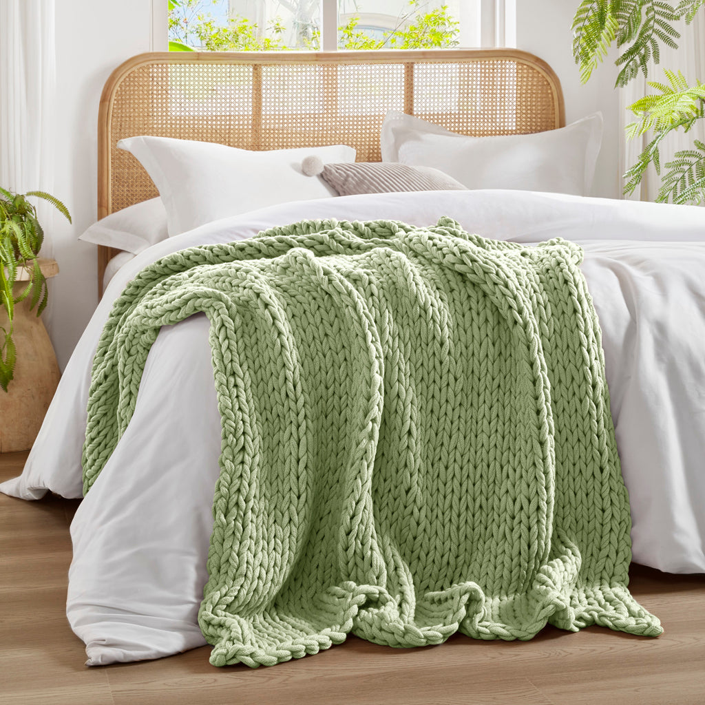 Chunky Double Knit Handmade Throw Blanket - Sage Green